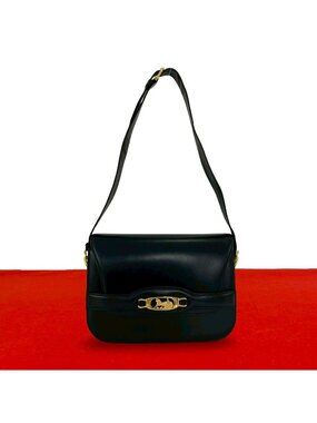 Celine Vintage Logo Carriage Calf Leather Shoulder Bag Pochette Black